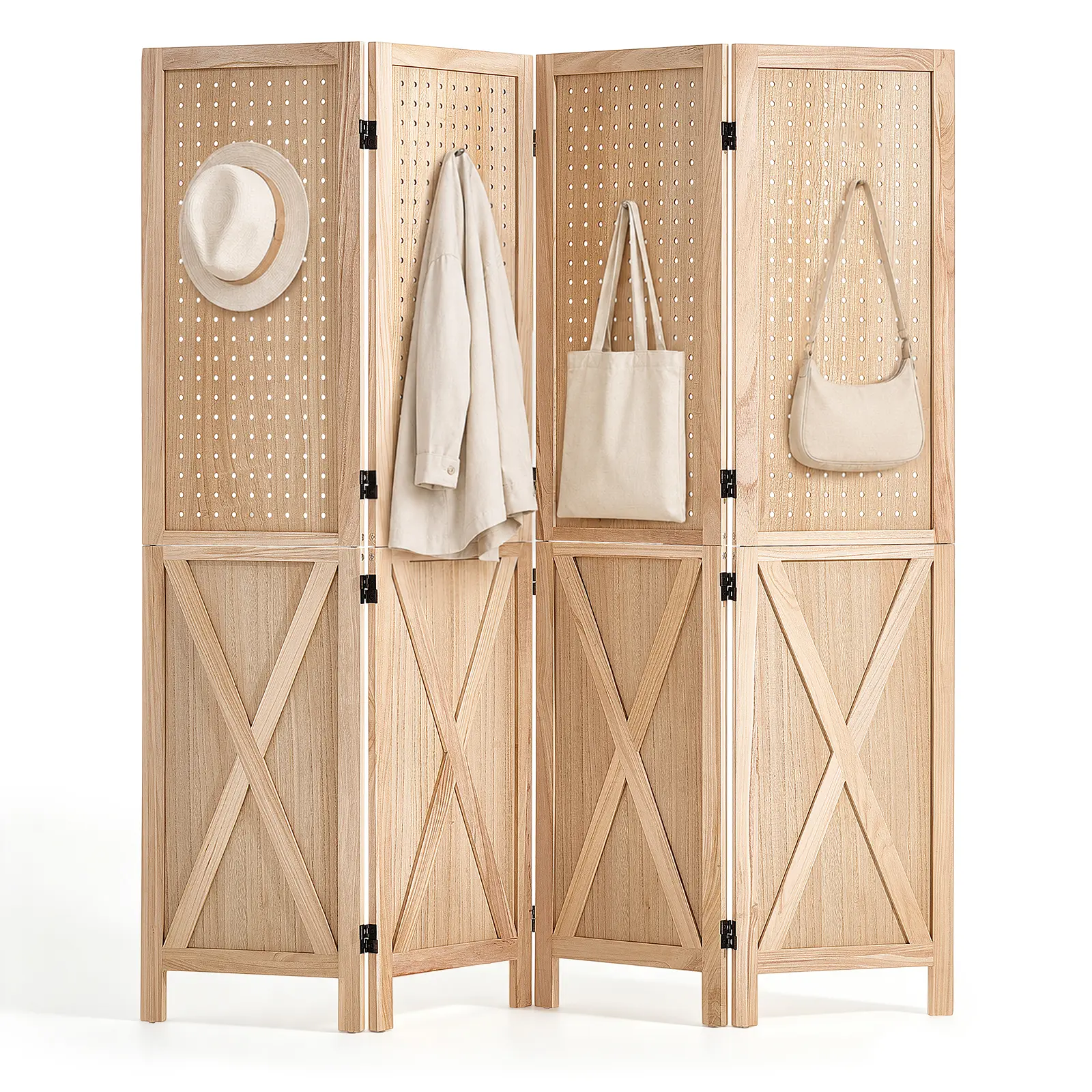VEVOR Wood Room Divider 4 Panels 59.8" Pegboard Wood Folding Privacy Screen, For Room Separation & Home Decor, Solid Frame with X Pattern, 360° Two-Way Hinges, Rustic Wooden Partition with Hardware