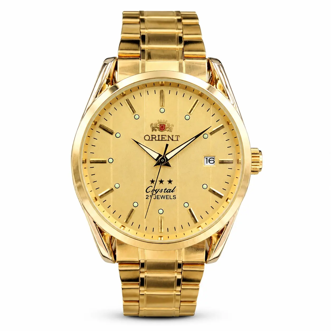 Tempus Atelier Men's Classic 3-Star Crystal Accents 21-Jewel Gold Stainless Steel Band Business Wear Wristwatch with Round Face & Date Display