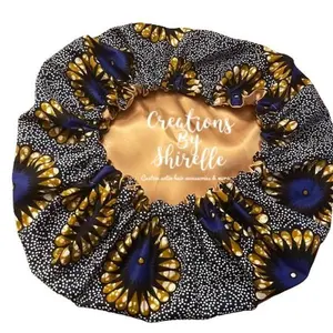 Creations by Shirelle Ankara Satin Bonnet in Blue & Gold African Print Protects Hair from Damage Frizz and Breakage Gentle on Curly & Straight Hair