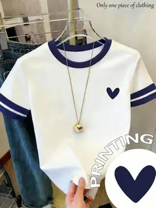 2026 Summer New Basic Slimming Heart Short Sleeve Women's T-Shirt, American Vintage Colorblock Breathable Casual Top, Perfect for Outing and Dating