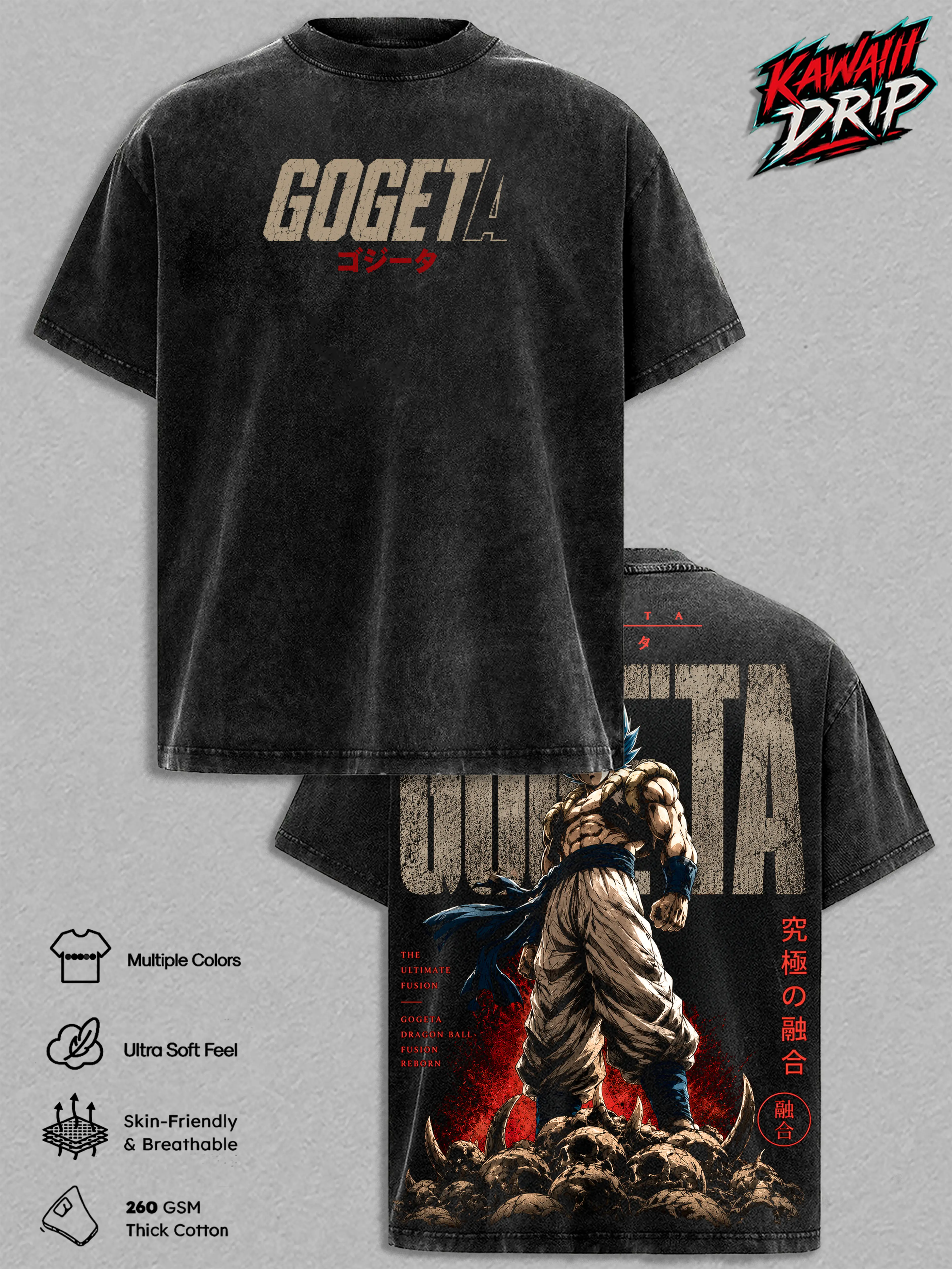 ''Gogeta'' DBZ Vintage Washed T-Shirt - Super Saiyann ''Gogeta'' Anime Graphic Tee, DBZ Fusion Heavyweight Cotton Oversized Shirt, Unisex Manga Streetwear Top DBZ Fan Gift