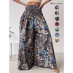 [2026]Women's Ethnic Pattern Shirred Waist Wide Leg Pants, Boho Festival Trousers, Boho Casual High Waist Trousers for Daily Holiday Vacation Wear, Ladies Bottoms for All Seasons