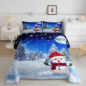 Christmas Reindeer Snowman Snowflake Reversible Decorations Bedding Set,Xmas Winter Decor Comforter,Dreamy Blue Quilt Room Full Queen King