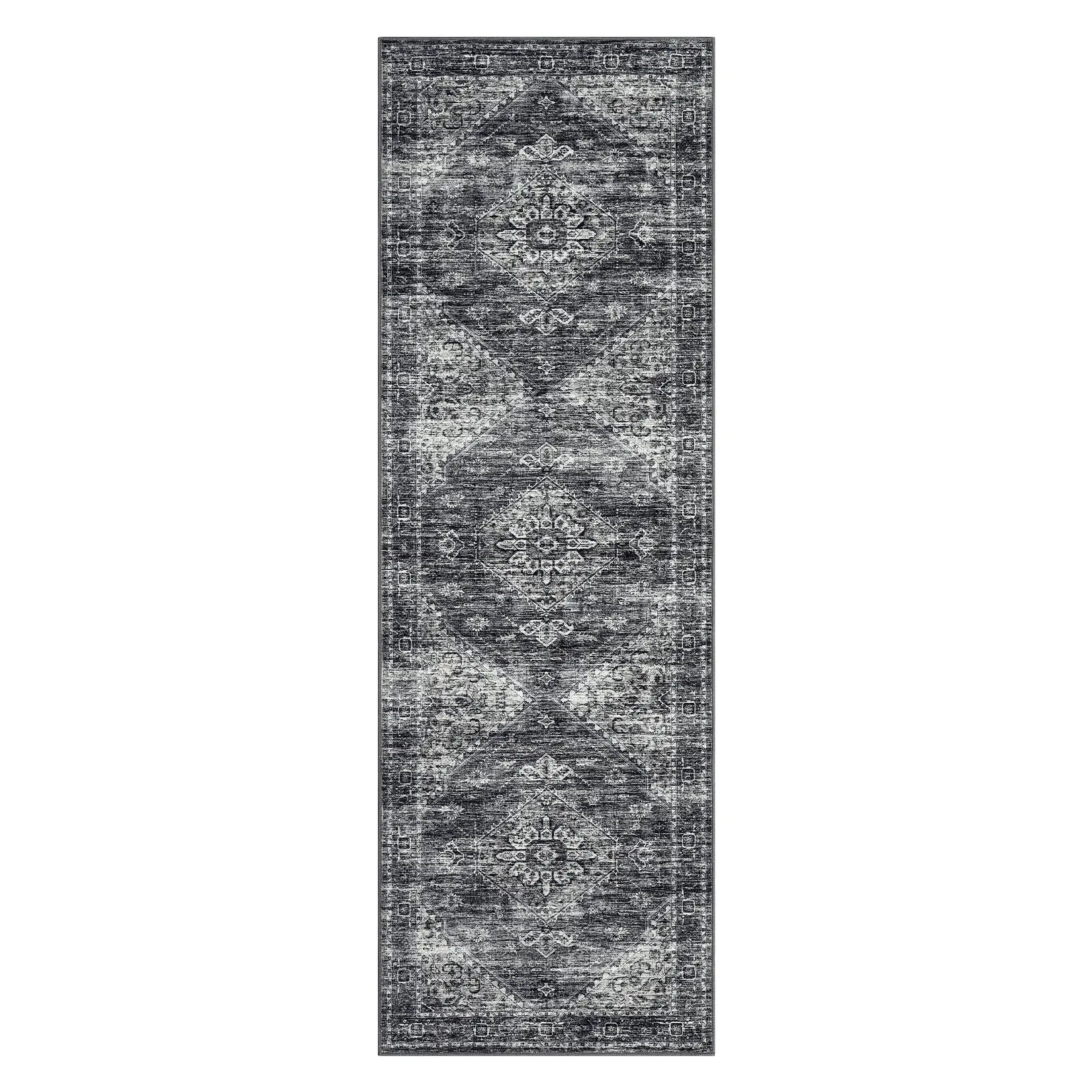Dark Gray 2x6 ft Foldable Polyester Imitation Cashmere Geometric Persian Patterned Area Rug, Machine Washable, Durable, Grippy, Dark-Colored, for Hallway & Bathroom, Machine Washable Rug, Durable Area Rugs