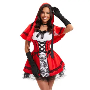 Women's Halloween Cosplay Little Red Riding Hood Costume, Castle Queen Costume Goth Skirt with Hooded Shawl Maid Costume