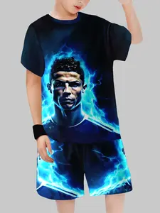 King Cristiano Ronaldo Theme Set, Football Star C Ronaldo Printed Short Sleeve T-Shirt + Sport Shorts, Blue Dynamic Print Trendy Sports Two-Piece Set, Athleisure Wear Set