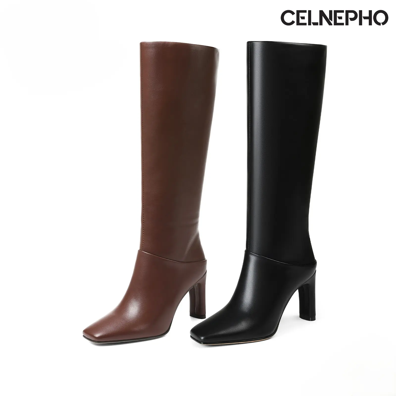 CELNEPHO Womens Knee High Boots Square Toe Chunky Block Heel Side Zipper Wide Calf Tall Boots Easy Pull on Gift Party Formal Comfortable Booties Summer Dress Shoes