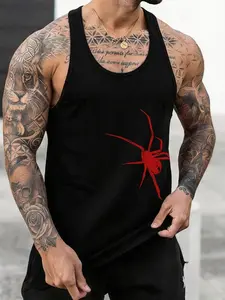 Men's Spider Print Slim Fit Tank Top, Shoulder Width Enhancer, Muscle Line Show, Sporty Style, All Seasons, Fitted Design, Gym Athletic Clothes