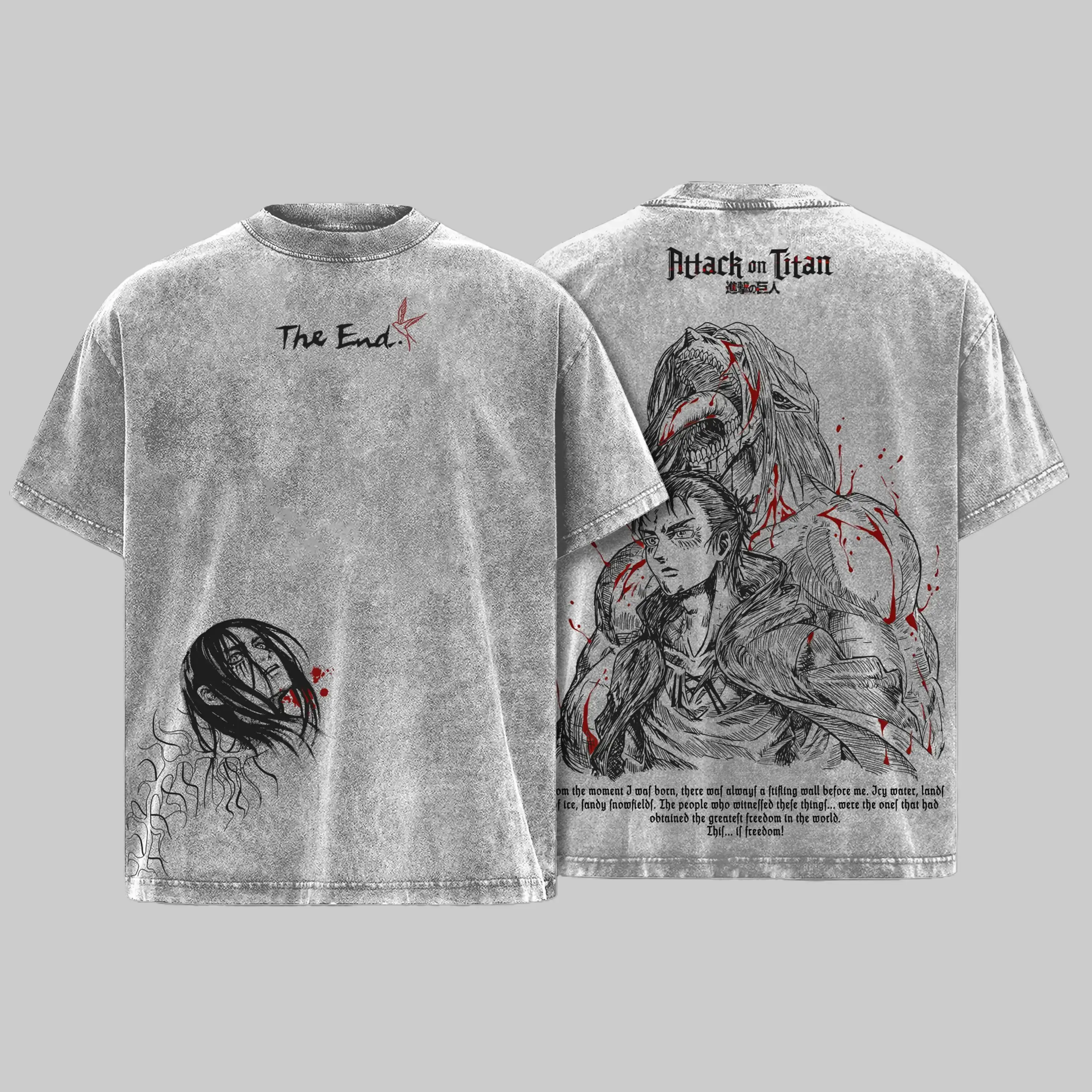 Men's Attack on Titan Eren Yeager Washed Vintage Oversized Heavy Cotton Classic Menswear Apparel, Seamless Shortsleeve Double-Printed Retro Unisex Streetwear Graphic Tee, The Rumbling Collector Edition T-Shirt, Round Neck, Soft