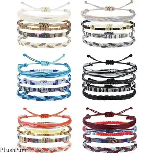 Boho Surfer Braided String Rope Jewelry, 4/24 Pcs Colorful Waterproof Ankle Bracelets for Summer Beach Sports & Outdoor Use