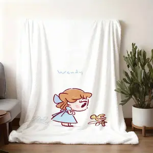 2026 new model printed with patterns Wendy and Tinker Bell Q Version Cartoon Printed Flannel Blanket, Peter Pan Themed Warm Throw Blanket, Soft Skin-friendly Cozy Blanket for Bedroom Living Room,