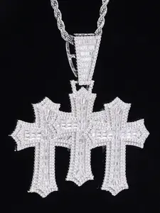 New Fashion Baguette Triple Cross Clustered Pendant High Quality Triple Micro Pave Bling CZ Charm Pendant Necklace for Men Cross Necklaces