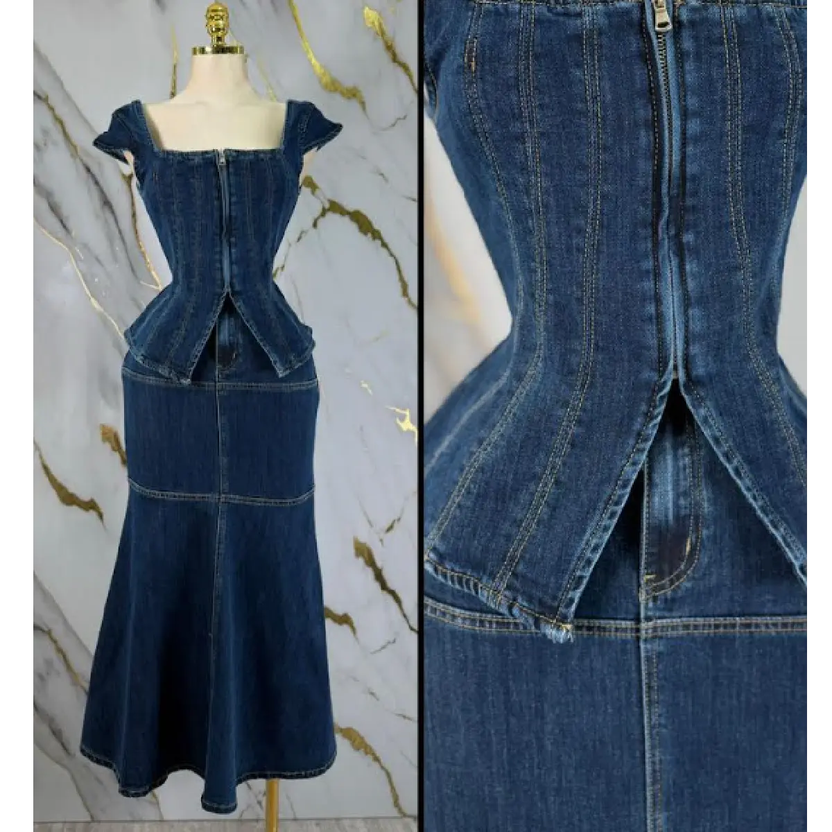 Structured corset-style top with front zipper closure  Contouring seam details for a sculpted fit  Matching high-waisted mermaid skirt  Flared hem for a dramatic silhouette  Premium denim fabric with slight stretch  Two-piece set for versatile styling