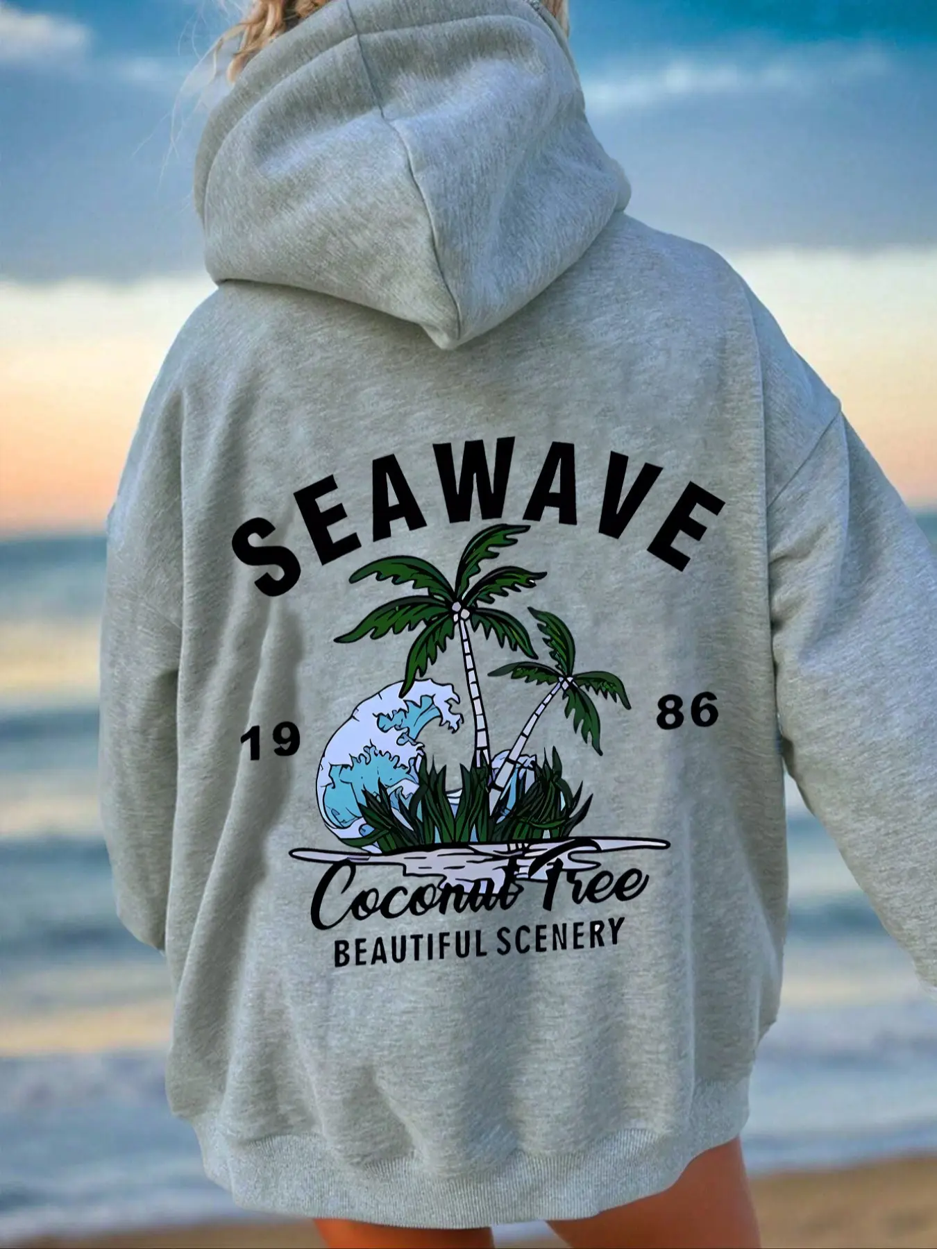 Chic Women's Coconut Tree Print Fabric Fitted Hoodie Sweatshirts, Adjustable Drawstring Detail & Pocket Design, Casual Long Sleeve Pullover, Tops