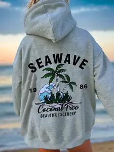 Chic Women's Coconut Tree Print Hoodie, Drawstring Detail & Pocket Design, Casual Long Sleeve Pullover
