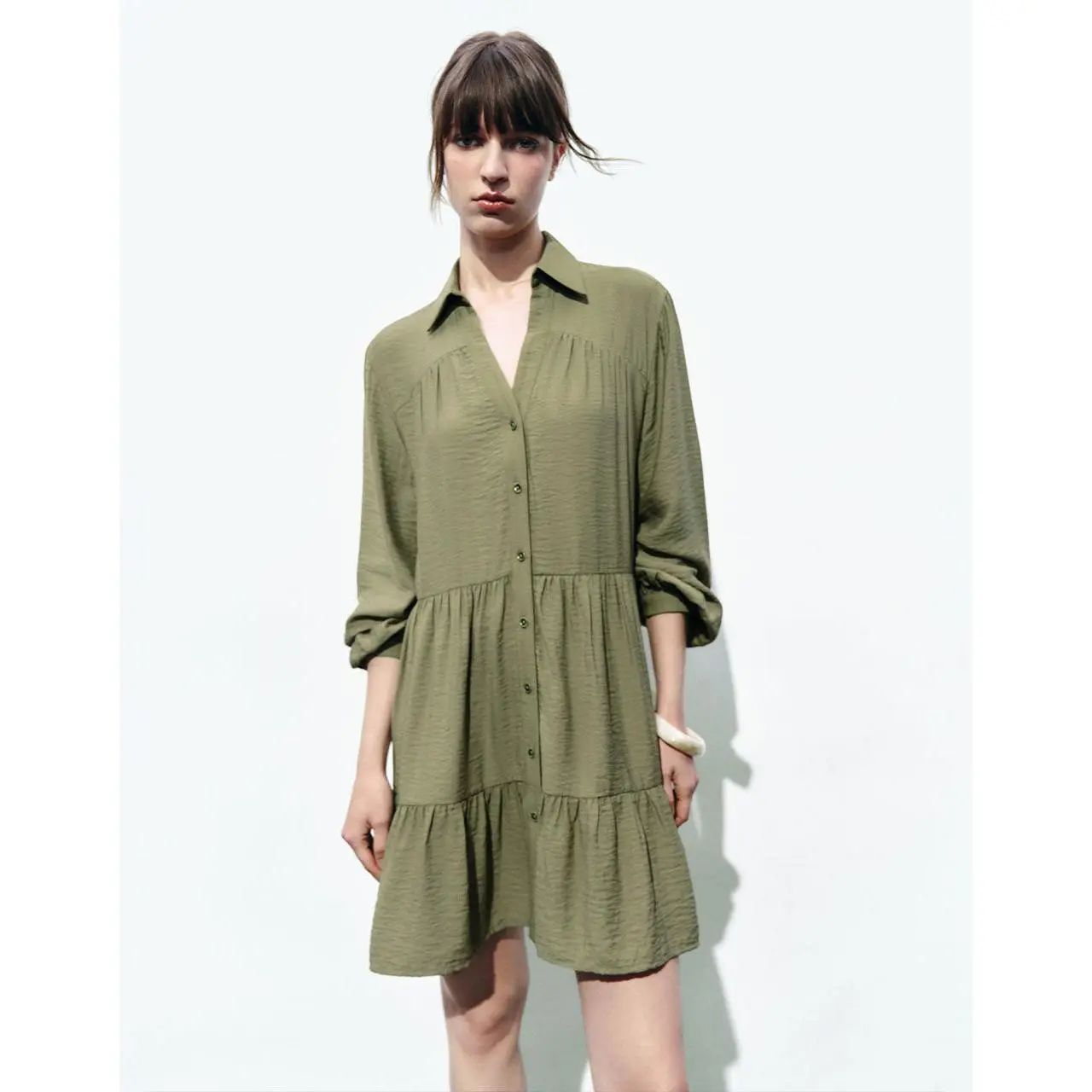 URBAN REVIVO Women's Chic Going Out Shirt Dress, Casual Tiered Ruffle Long Sleeve Viscose Button-Down in Olive Green