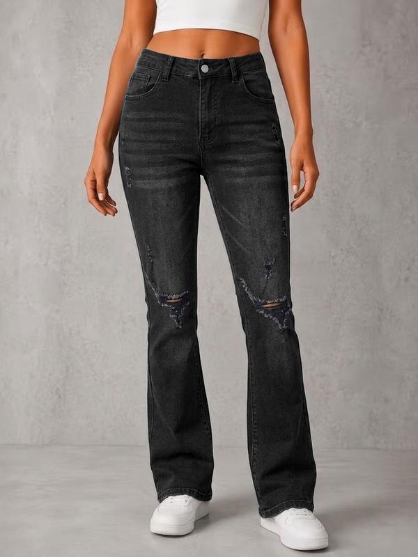 Women's Highwaist Black Washed Ripped Minimalist Fitted Flared Jeans - Distressed Knee Holes Stretch Bootcut Denim Pants for Streetwear, Everyday Basic Style, All Seasons