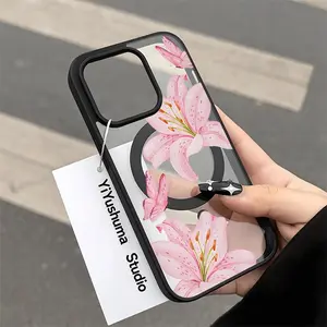 Clear Pink Lily MagSafe Case for iPhone, Floral Magnetic Phone Cover, Shockproof Protective Case, Compatible with iPhone 17 16 15 14 13 12 11 Pro Max Plus, Cute Flower Aesthetic