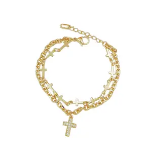 2026 New Gold Double Layer Cross Bracelet for Women, Dainty CZ Inlaid Cross Charm Link Chain Bracelet, Religious Christian Jewelry for Daily Wear, Party, Gift & Everyday Outfit