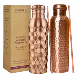 Pure Copper Water Bottle, 8 Pcs Set(2 Bottle, 2 Straw,2 Extra Silicon Ring and 2 Cloth bags)-HNY/HMRD