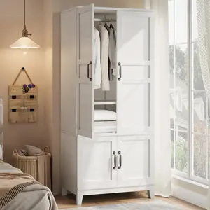 Garvee Armoire Wardrobe Closet, Tall Wood Armoire Closet with Doors, 72 in Farmhouse Bedroom Freestanding Wardrobe Cabinet with Hanging Rod and Adjustable Shelves, Retro White