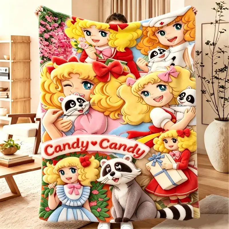 Vintage Candy Candy Anime Throw Blanket, Classic Cartoon Girl & Raccoon Print Soft Flannel Blanket for Sofa Bed Couch Decor, All Season Lightweight Plush Blanket for Anime Fans Gift