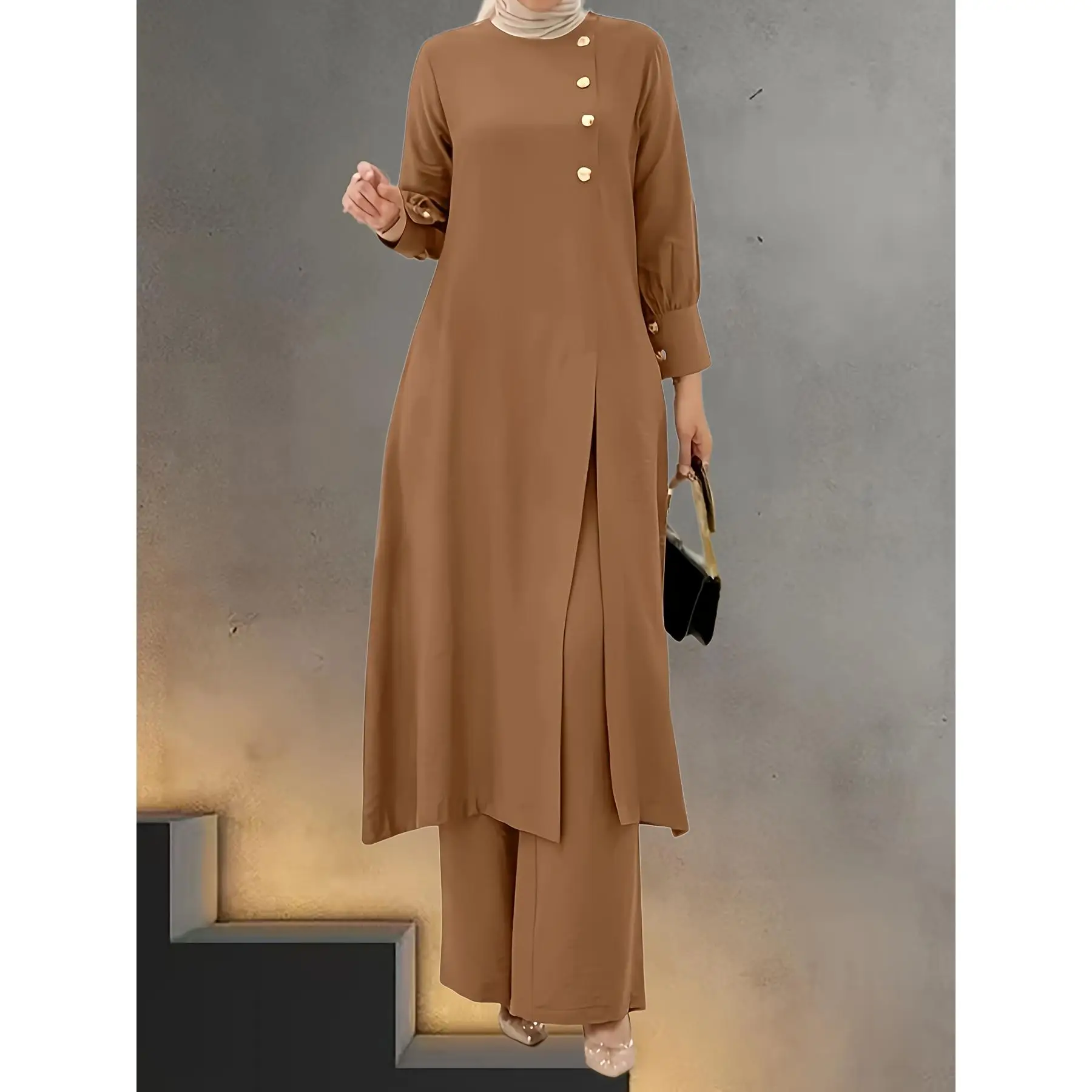 Traditional Elegant Two-Piece Outfit - Long Button-Up Shirt and Wide-Leg Pants - Suitable for Daily Home Wear, Casual Outings, and Commuting Modest Wo