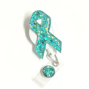 Teal Awareness Ribbon Badge Reel, 2”, Retractable Swivel Alligator Clip, Ovarian Cancer, Cervical Cancer, PTSD, OCD