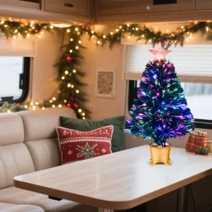 60cm Christmas Tree with Fiber Optic Lights, RGB Color Changing Base, 7 Color LED Star Topper, Indoor Decor for Living Room, Bedroom, Office