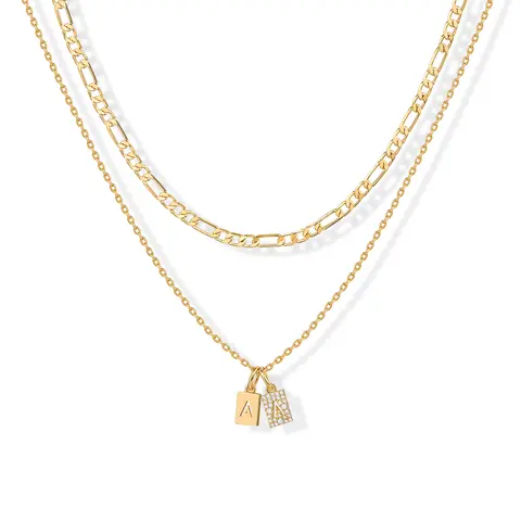 PAVOI 14K Gold Plated Initial Letter Double Dog Tag Pendant Necklace - Dainty Cubic Zirconia Letter Tag Round Box Chain Necklaces for Women