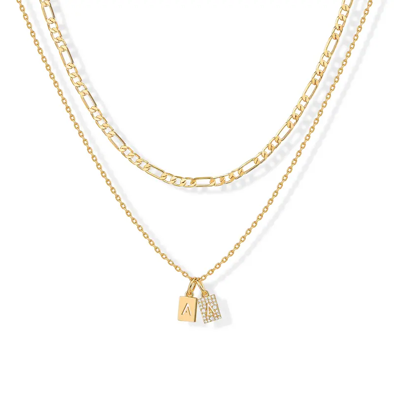 PAVOI 14K Gold Plated Initial Letter Double Dog Tag Pendant Necklace - Dainty Cubic Zirconia Letter Tag Round Box Chain Necklaces for Women