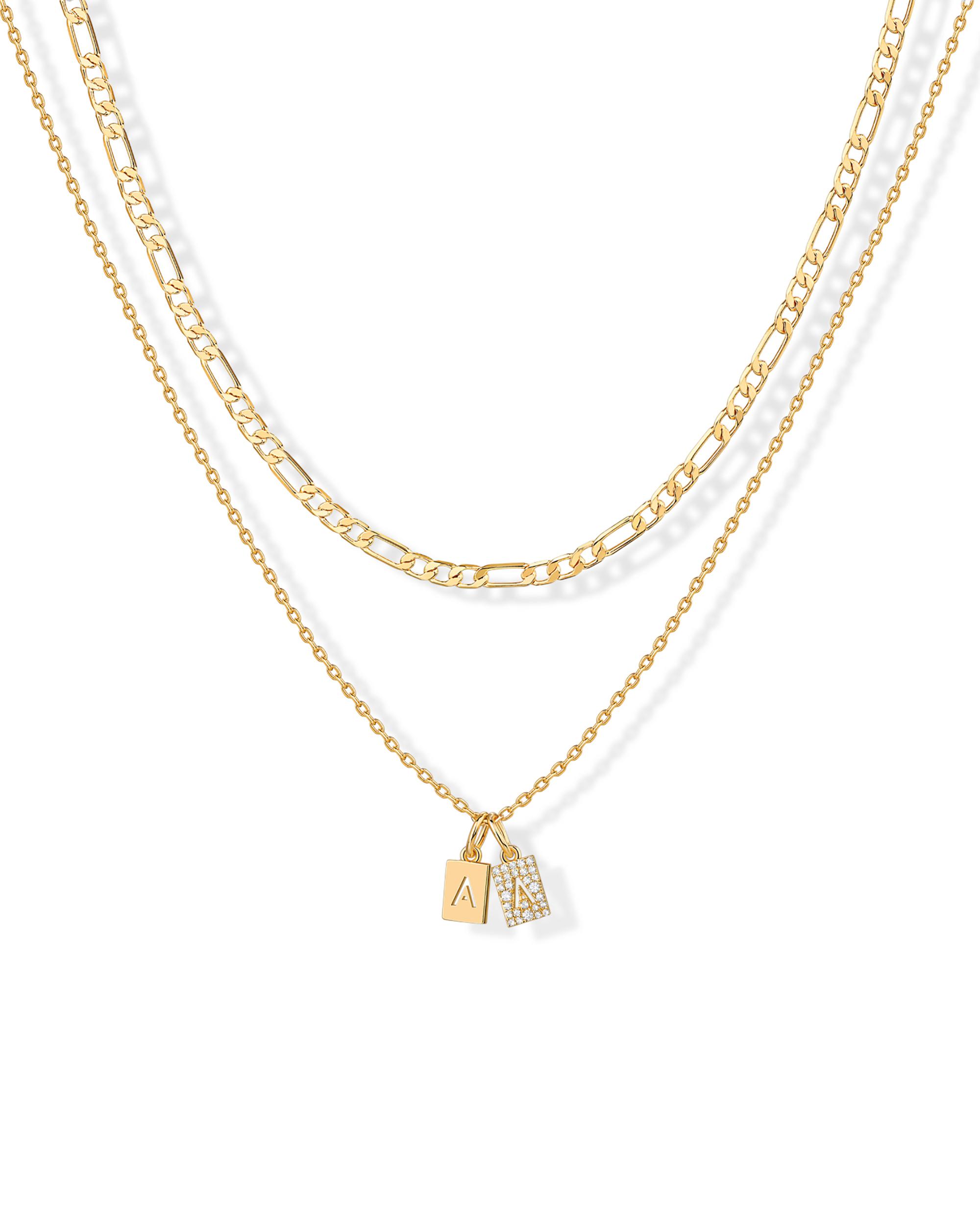 PAVOI 14K Gold Plated Initial Letter Double Dog Tag Pendant Necklace - Dainty Cubic Zirconia Letter Tag Round Box Chain Necklaces for Women