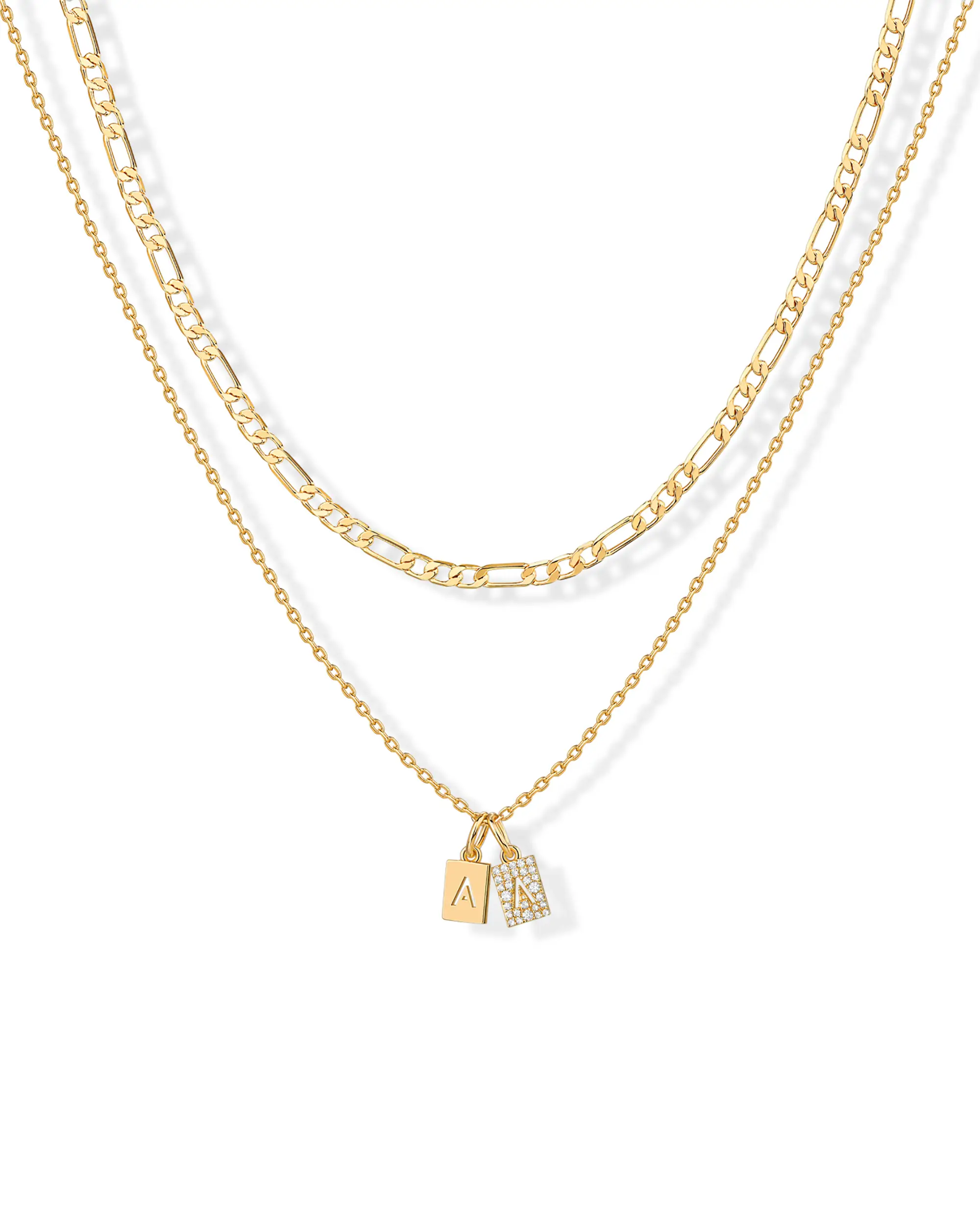 PAVOI 14K Gold Plated Initial Letter Double Dog Tag Pendant Necklace - Dainty Cubic Zirconia Letter Tag Round Box Chain Necklaces for Women