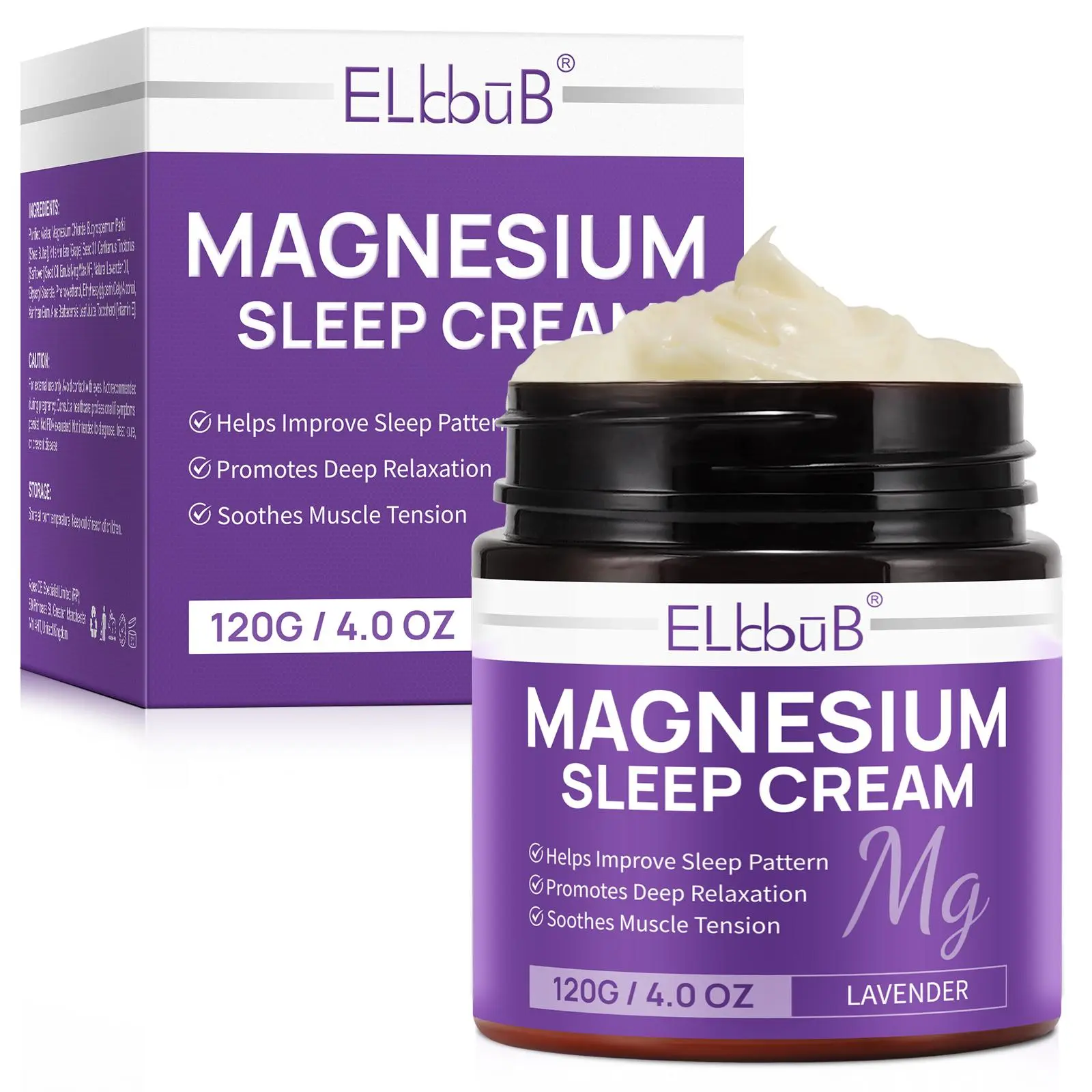 Elbbub Lavender Magnesium Sleep Cream, 120g, Calms Nerves, Relieves Anxiety, Promotes Relaxation, Deep Moisturizes Skin, Intense Moisture, Suitable for All Skins, Moisture Boost Cream