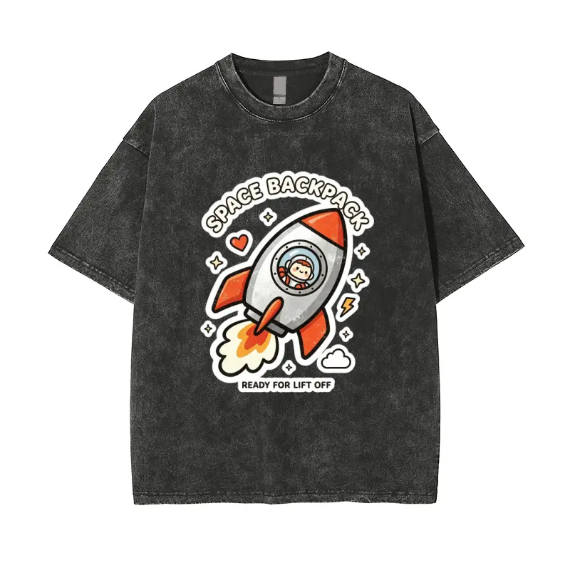 Unisex Graphic T-Shirt, Space Rocket Launch Cartoon Print Tee, Cute Astronaut Galaxy Theme Shirt, Vintage Washed Short Sleeve Top, Casual Streetwear Clothing