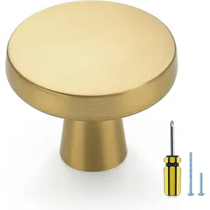 30 Pack Solid Round Knobs Pulls Handles, Brushed Brass Gold Hardware for Kitchen Cabinet Cupboard Door Dresser Drawer