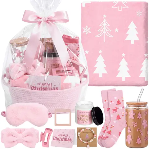 Christmas Basket Gift Secret Santa Gifts Relaxing Spa Gift Christmas Gifts for Women Pink Self Care Birthday Gifts With Throw Blanket Glass Tumbler Scented Candle Bracelet Socks Scrunchie Hair Claw Sleep Mask Christmas Box for Girlfriend Wife Bestie