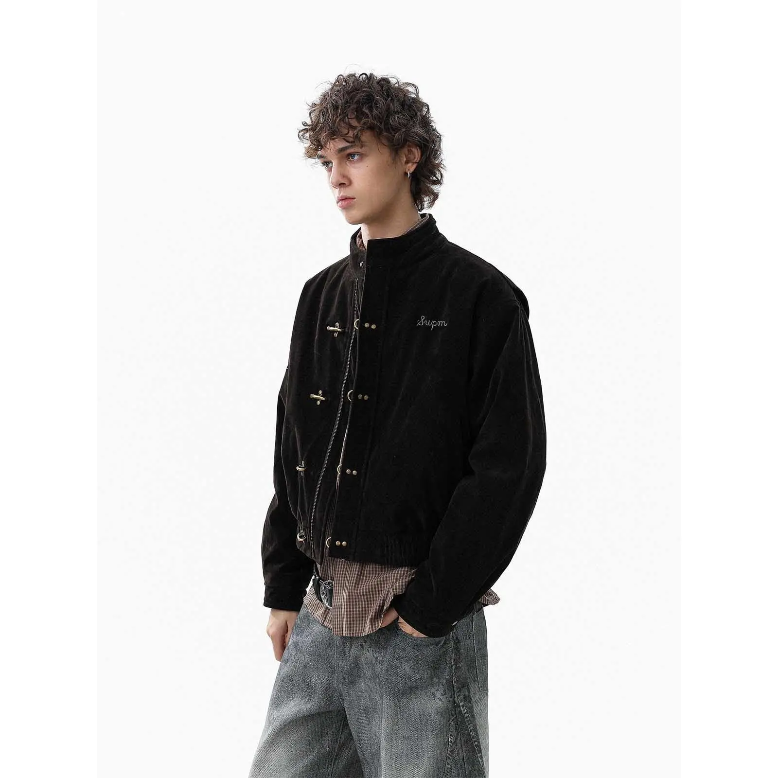 Thesupermade Vintage Suede Embroidered Metal Clip Down Jacket - 2626