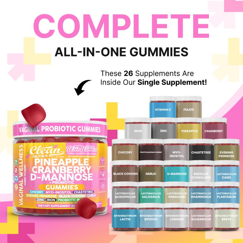 Clean Nutra Pineapple, Cranberry, D-Mannose, Chicory, Myo-Inositol, Chaste Tree & More for Women's Probiotic & Feminine Wellness Support Gummies – WetWorks