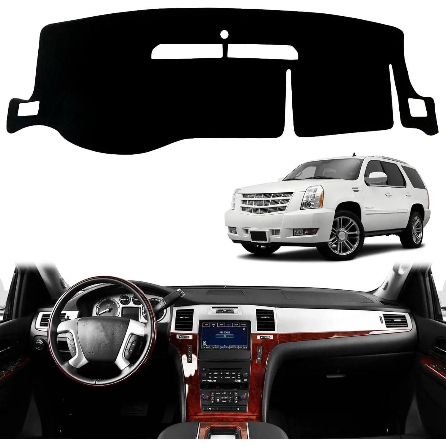KDO Non-Slip Dashboard Cover Mat for Cadillac Escalade 2007-2014 (Incl. 2011 Premium/Luxury/Platinum Editions) - No Dash Speaker Cutout, Sun Protection, Scratch Shield, Reduces Bright Reflections, Safer Visibility, Easy Installation, Black Trim