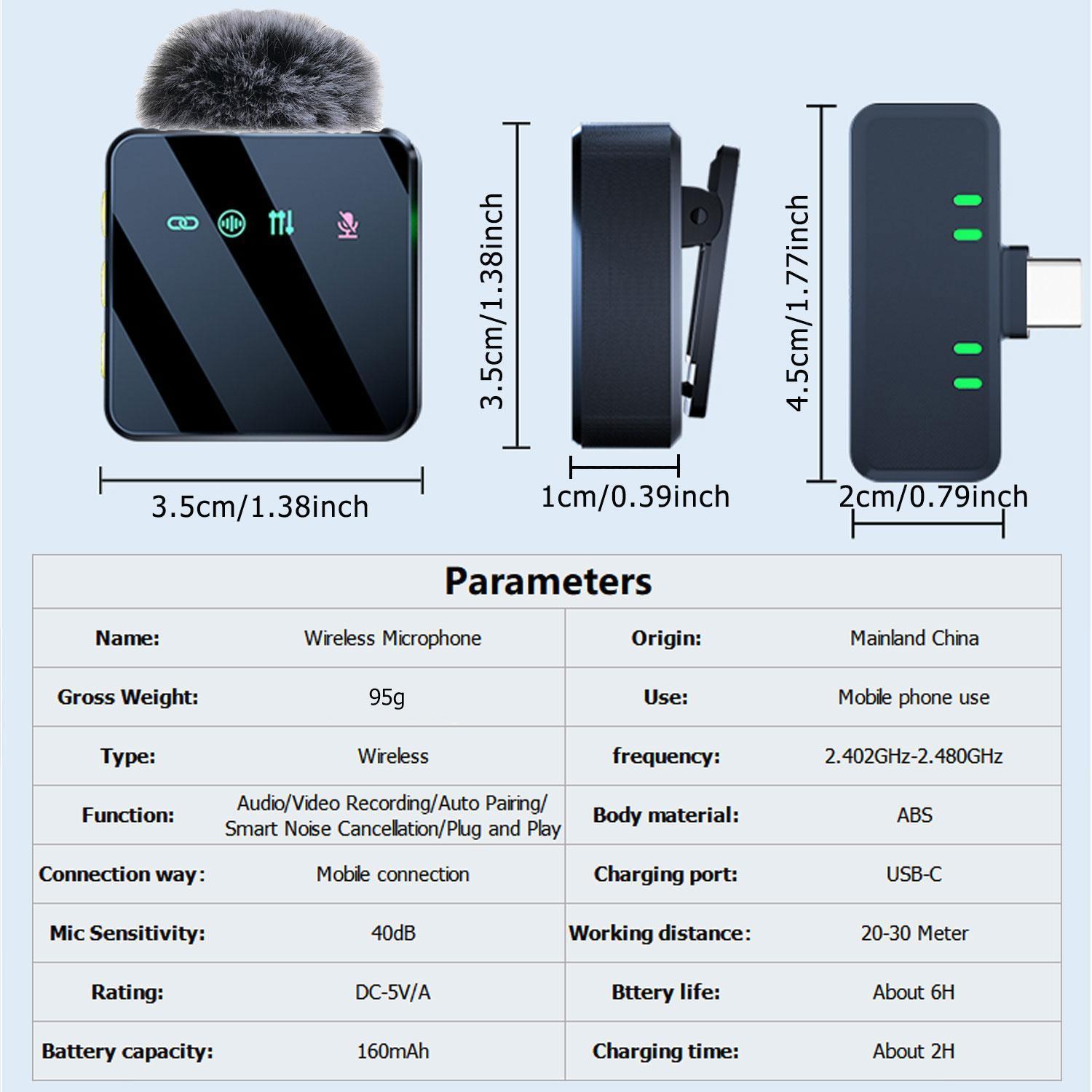 Wireless microphone, USB rechargeable wireless microphone, comes with a Lightning adapter, clip-on design, suitable for HD video blogging/live streaming, audio and microphone.