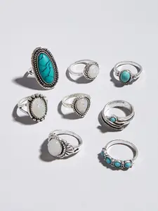 Vintage Turquoise Ring Set, 7 Piece Retro Style Rings, Unique Personalized Jewelry, Export Quality Handmade Accessories