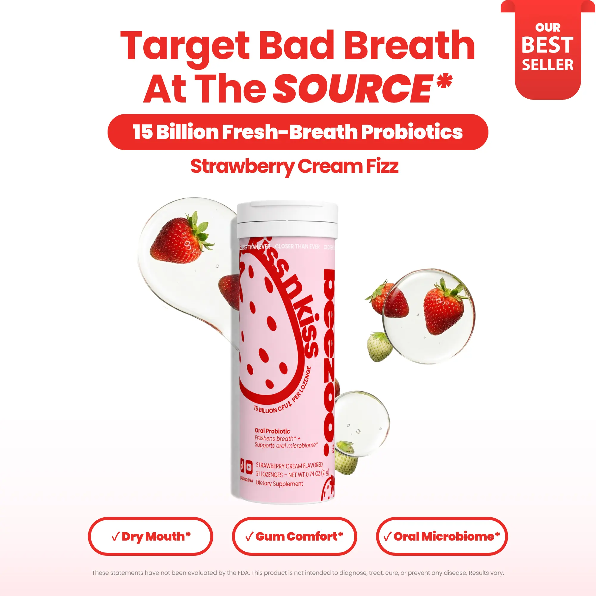 beezoo Fresh-Breath Probiotics - Strawberry Cream Fizz Oral Probiotic for Bad Breath - Targets Odor at the Source - 15 Billion CFU, 5 Strains - Kiss Tab, Sugar-Free, 21 Tabs (Vegan, Non-GMO)