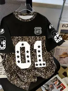 Men's American Vintage Leopard Letter Number Star 3D Print T-Shirt, Fitted Long Sleeve Casual Top, All Seasons Fashion