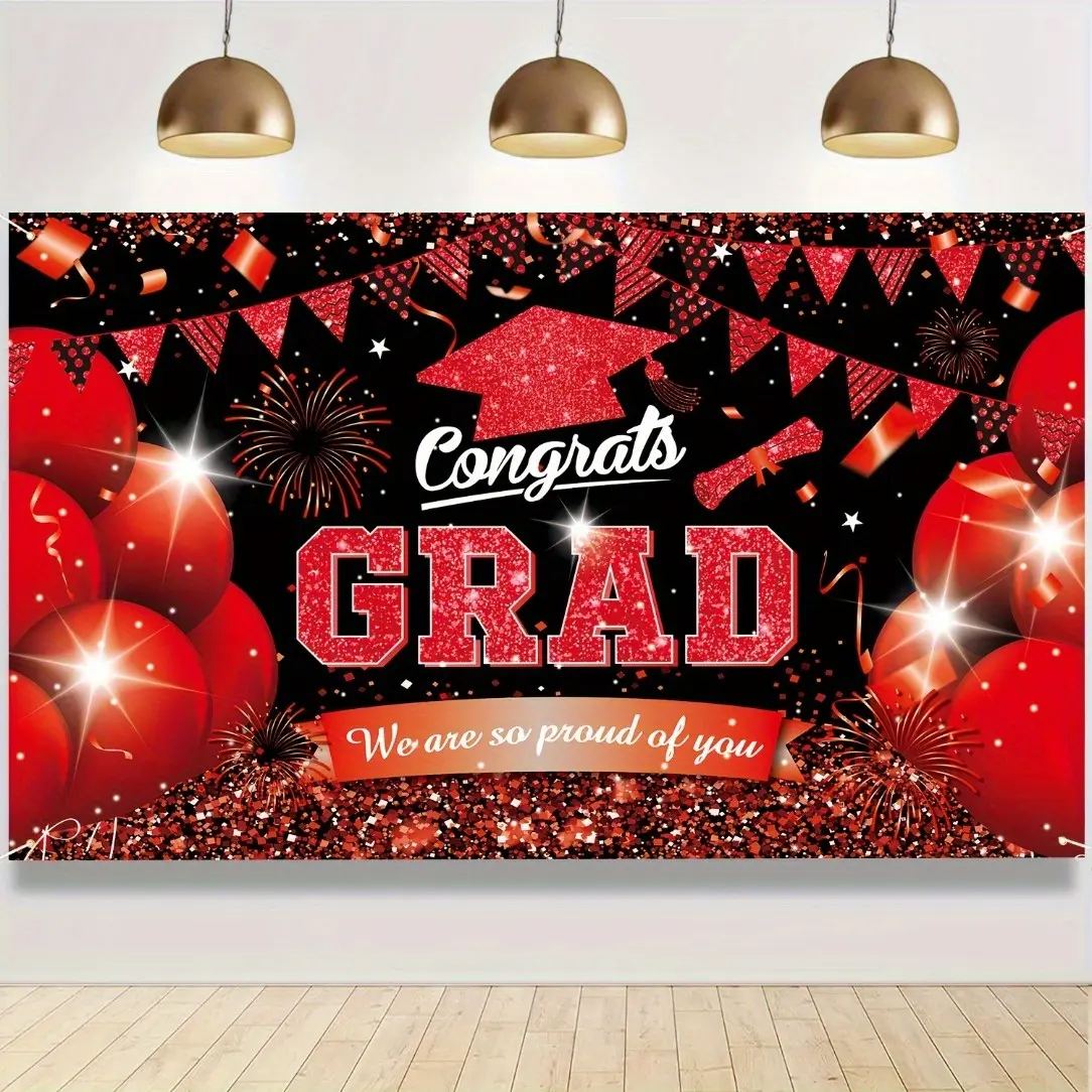 Congratulatory Rectangular Graduation Tapestry - Red Black Multi-Size Polyester HD Print Wall Hanging, Wedding & Event Photography Background, Home Decor Supplies