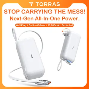 TORRAS EasyGo 3-in-1 Portable Charger 10000mAh Power Bank with 28" Retractable USB-C Cable Foldable Wall Plug 35W Fast Charging Travel Essential Battery Pack for iPhone 17/16/15 iPad Samsung Galaxy - White