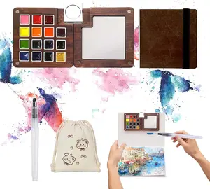 Mini   Travel Kit - Mini Travel Watercolor  Set, Pocket Artist Water Color Travel Set with Colours, Watercolor Book, Binder Clips, Pens,Wooden  Box for Painters Artists Student