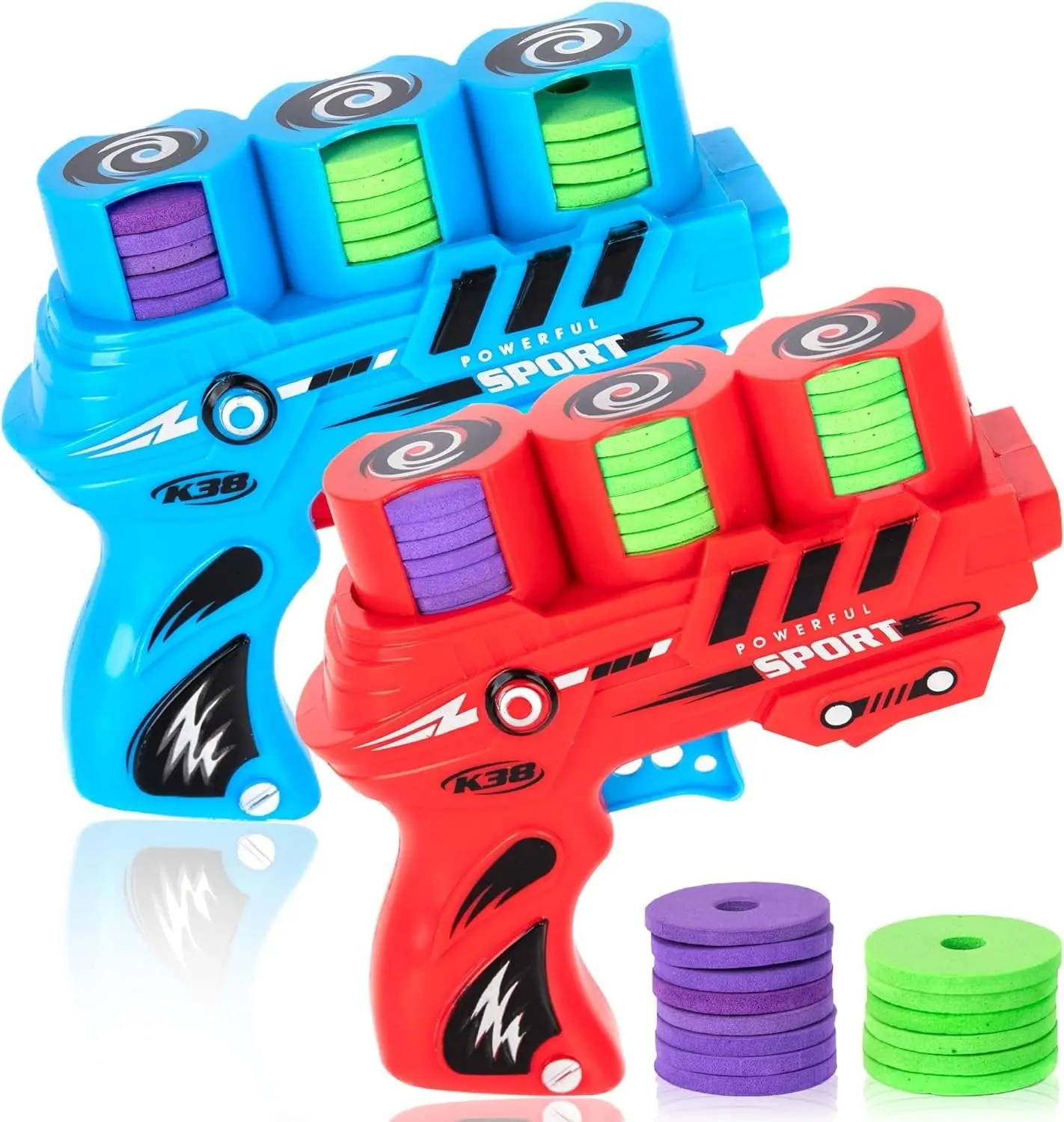 ARTCREATIVITY Plastic Body Foam Disc Launcher Outdoor Toy Set - 2 Unisex Sports Blaster Guns (5.5in), 36 1.25in Disks, Summer Games, Birthday Party Favors for Kids Ages 8-12, 100% Money-Back Guarantee, Yes