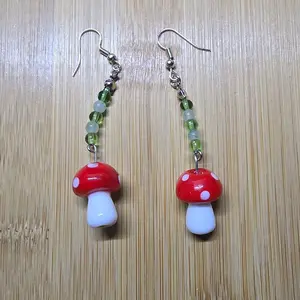 Mushroom Earrings with Green and White Beads