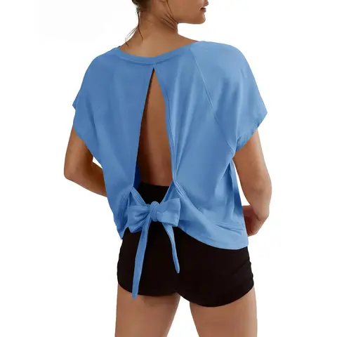 FISOEW Women's Cotton Workout Tops - Oversized V-Neck Short Sleeve Tie-Back Open Back Women's T-Shirts, Activewear Running Gym Clothes, Beach-to-Gym Wear & Daily Loungewear